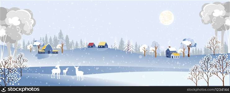 Christmas night with snowdrifts, blizzard, firs and pine tree forest, Winter landscape scene of reindeers family standing in forest with storm, windy and heavy snowfall with full moon background.