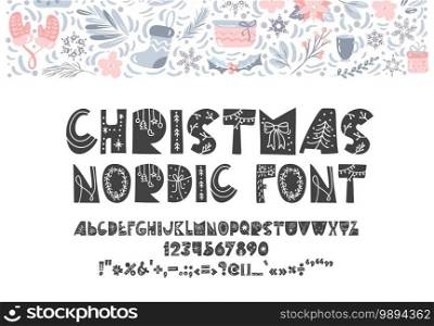 Christmas nordic hand drawn font. Vector Abc holiday scandinavian alphabet isolated on white background. Merry Christmas and Happy New Year symbols.. Christmas nordic hand drawn font. Vector Abc holiday scandinavian alphabet isolated on white background. Merry Christmas and Happy New Year symbols