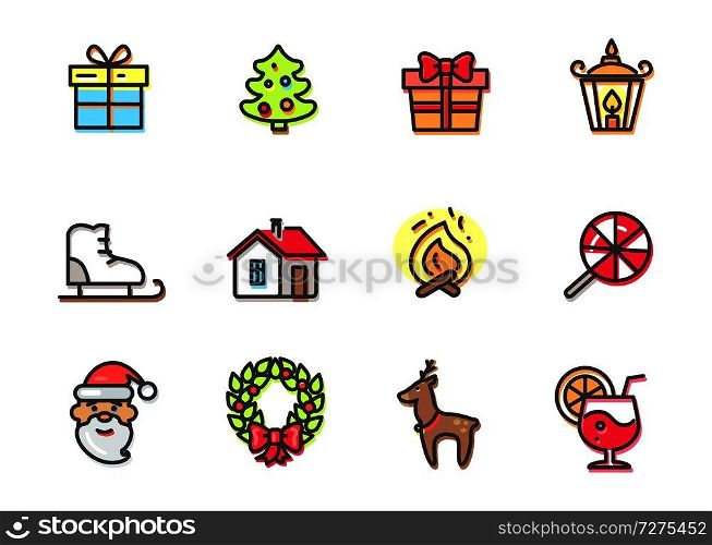 Christmas objects collection, icons of Santa and reindeer, present and evergreen tree, candle and fire, candy and cocktail, vector illustration. Christmas Objects Collection Vector Illustration