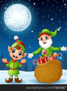 Christmas old elf with cartoon elf kid present a sack full of gifts