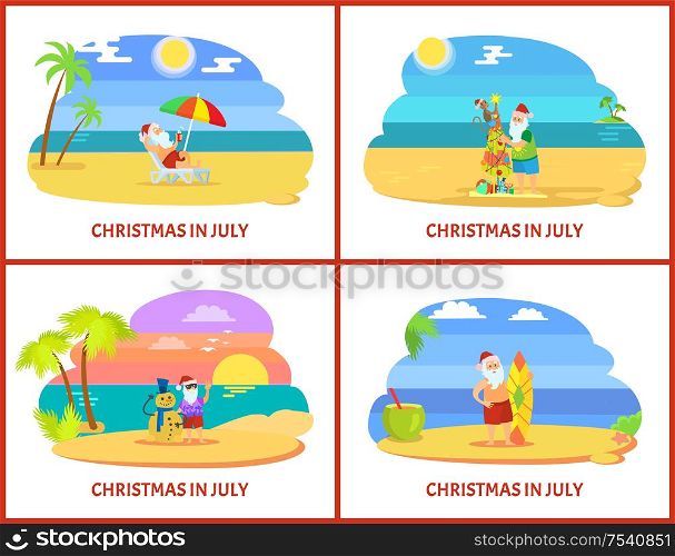 Christmas on beach in July image icons. Santa Claus in red hat and shorts standing near fir-tree with monkey and snowman from sand and surfboard vector. Santa Claus Warm Holidays in July on Beach Vector