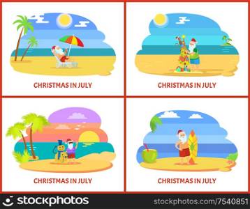 Christmas on beach in July image icons. Santa Claus in red hat and shorts standing near fir-tree with monkey and snowman from sand and surfboard vector. Santa Claus Warm Holidays in July on Beach Vector