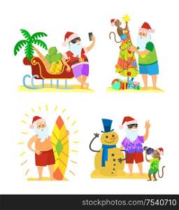 Christmas on beach, Santa Claus and monkey decorating umbrella, snowman of sand, sleigh full of fruits, New Year in hot countries, old man with surfboard, vector. Santa Claus and Monkey Decorating Umbrella Snowman
