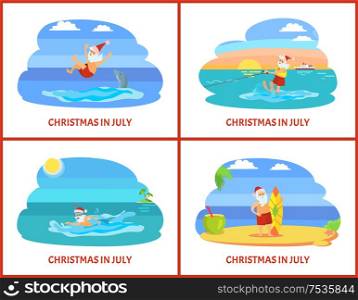Christmas on beach, winter holiday in summer celebration vector. Santa Claus having fun, swimming and standing with surfing board, drinking cocktail. Christmas on Beach, Holiday in Summer Celebrate