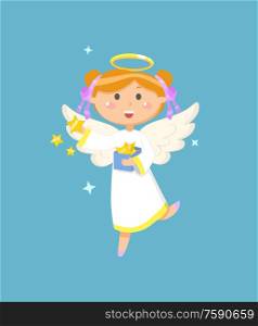 Christmas or Easter symbol, angel with box of stars, religious holiday vector. Girl in dress with halo and wings, heaven creature, Valentines day. Angel with Box of Stars Christmas or Easter symbol