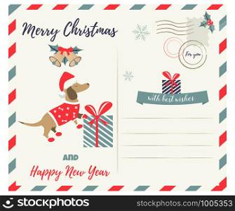 Christmas or New Year greeting postcard with holiday dachshund. Holiday greeting postcard with holiday dachshund