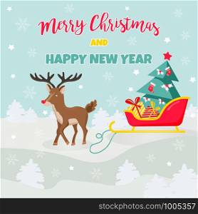 Christmas or New Year holiday background with funny dear and sledge with presents. Holiday background with deer and sledge