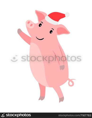 Christmas or new year pink pig in Santa hat, vector illustration. New year pig in Santa hat