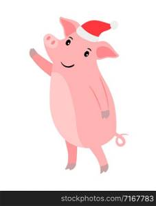 Christmas or new year pink pig in Santa hat, vector illustration. New year pig in Santa hat