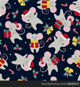 Christmas or New year seamless pattern with cute mice and gifts. Zodiac rat of 2020 chinese year. Vector illustration.. Christmas or New year seamless pattern with cute mice.