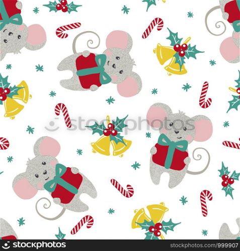 Christmas or New year seamless pattern with cute mice and gifts isolated on white background. Zodiac rat of 2020 chinese year. Vector illustration.. Christmas or New year seamless pattern with cute mice.