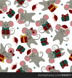 Christmas or New year seamless pattern with cute mice and gifts isolated on white background. Zodiac rat of 2020 chinese year. Vector illustration.. Christmas or New year seamless pattern with cute mice.