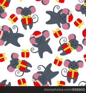 Christmas or New year seamless pattern with cute mice. Zodiac rat of 2020 chinese year. Vector illustration.. Christmas or New year seamless pattern with cute mice.