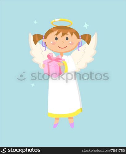 Christmas or Valentine Day symbol, angel girl with gift box, wings and halo vector. Child or kid, heaven creature with wrapped holiday present in sky. Angel with Gift Box, Christmas or Valentine Day