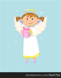 Christmas or Valentine Day symbol, angel girl with gift box, wings and halo vector. Child or kid, heaven creature with wrapped holiday present in sky. Angel with Gift Box, Christmas or Valentine Day