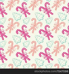 Christmas or Xmas Sweets Seamless Pattern for Holiday Scrapbooking or Gift Wrapping Papers. Xmas Texture with Pepprmint Candy Cane Stick with Bow and Pine Tree Cookies or Biscuits for 2019 New year. Christmas Seamless Pattern for Holiday Scrapbooking or Gift Wrapping Papers with Pepprmint Candy Cane Stick with Bow, Snowflakes and Pine Tree