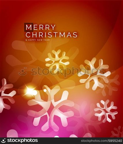 Christmas orange color abstract background with white transparent snowflakes. Holiday winter template, New Year layout