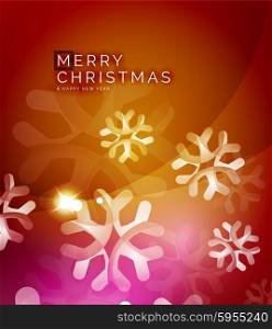 Christmas orange color abstract background with white transparent snowflakes. Holiday winter template, New Year layout