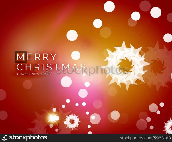 Christmas orange color abstract background with white transparent snowflakes. Holiday winter template, New Year layout