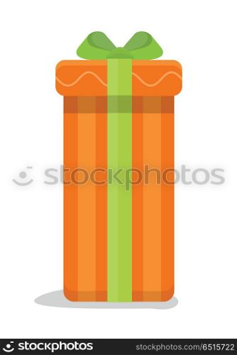Christmas Orange Gift Box with Green Bow. Christmas orange gift box with green bow isolated. Cartoon present in xmas holiday concept. Gift box surprise for anniversary or birthday. Funny illustration for children holiday celebration. Vector