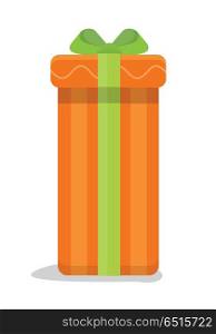 Christmas Orange Gift Box with Green Bow. Christmas orange gift box with green bow isolated. Cartoon present in xmas holiday concept. Gift box surprise for anniversary or birthday. Funny illustration for children holiday celebration. Vector