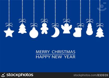 christmas ornament elements (tags) hanging on blue background, stock vector illustration