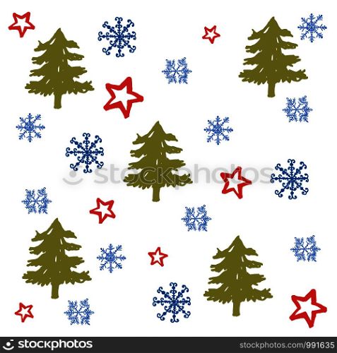 Christmas ornament with hand-drawn elements: Christmas tree, snowflake and star