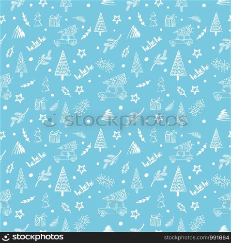 Christmas ornament with hand-drawn elements: Christmas tree, snowflake and star. Seamless pattern