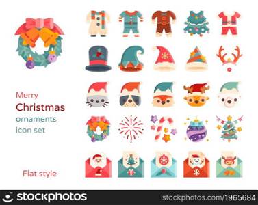 Christmas ornaments and element icon set. Flat design. Party costume clothing party set and card invitation.