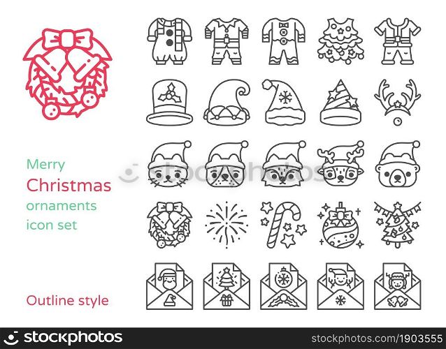 Christmas ornaments and icon set. Line and outline style