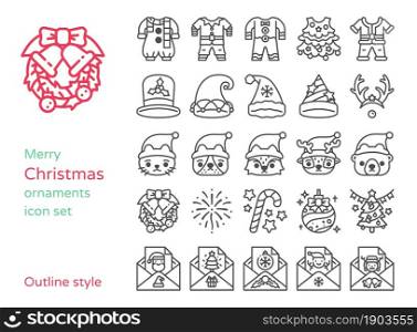 Christmas ornaments and icon set. Line and outline style