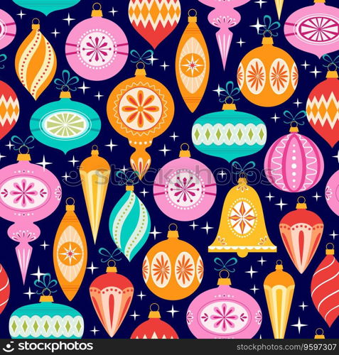 Christmas ornaments pattern on dark blue vector image