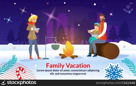 Christmas Outdoor Family Party Advertising Poster. Happy Parents Cooking Dinner on Bonfire. Mother, Father, Son in Snowy Winter Forest Park. Dark Cityscape. New Year Accessories. Vector Illustration. Christmas Outdoor Family Party Advertising Poster