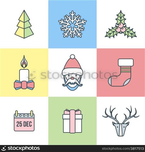 christmas outline color icons. vector various christmas new year outline light pastel color icons set
