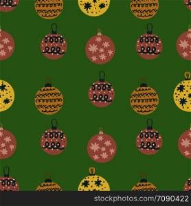 Christmas painted balls seamless pattern on pistachio green background. Flat style illustration. Greeting card, poster, design element. . Christmas painted balls seamless pattern on pistachio green background