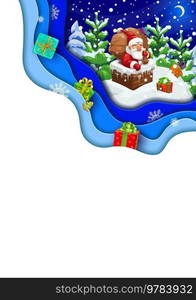 Christmas paper cut banner, cartoon santa with gifts on roof. Vector double exposition 3d design for xmas holidays with funny father noel stuck in chimney at xmas eve. Saint Nicholas deliver presents. Christmas paper cut banner, cartoon santa on roof