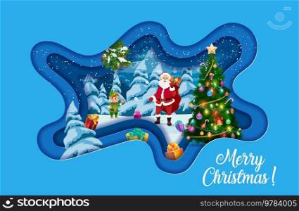 Christmas paper cut banner with santa, pine holiday tree and gifts on snow. Vector funny noel with elf in night winter forest landscape. 3d effect greeting card with cartoon xmas personages and pine. Christmas paper cut banner with santa, pine tree