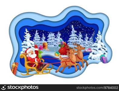 Christmas paper cut cartoon santa on sleigh in winter forest. Vector 3d papercut layered effect greeting card with funny Father Noel riding sled over night wood with snow, spruces and gifts. Christmas paper cut cartoon santa on sleigh