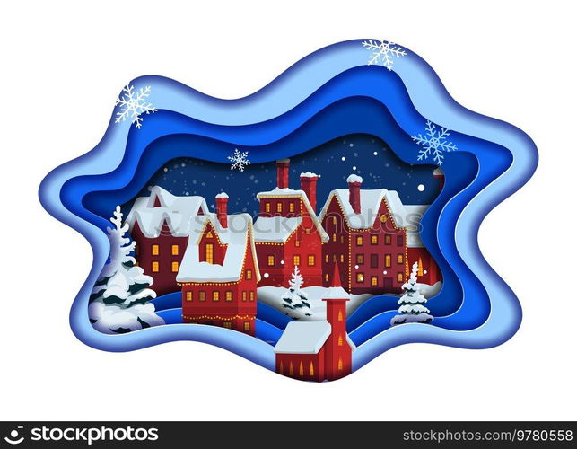 Christmas paper cut, cartoon snowy town in winter holidays, vector paper cutout layers background. Merry Christmas and New Year paper cut greeting card with village houses and Xmas trees in snow. Christmas paper cut, cartoon snowy town in winter