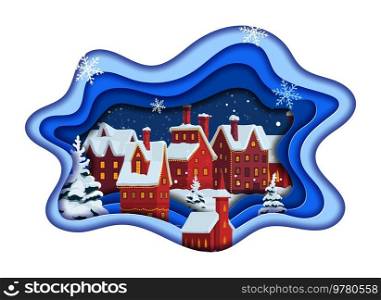 Christmas paper cut, cartoon snowy town in winter holidays, vector paper cutout layers background. Merry Christmas and New Year paper cut greeting card with village houses and Xmas trees in snow. Christmas paper cut, cartoon snowy town in winter