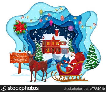 Christmas paper cut cartoon winter house, santa on sleigh and holiday decorations. Vector 3d papercut layered greeting card with funny Father noel sitting in deer sled front of cottage at xmas eve. Christmas paper cut cartoon winter house and santa