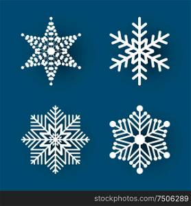 Christmas paper cut, four different white snowflakes on blue background. Decoration for winter holiday. Handmade small postcard vector illustration. Christmas Paper Cut Four White Snowflakes Vector