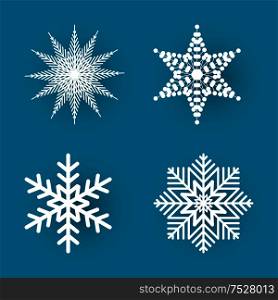 Christmas paper cut, four different white snowflakes on blue background. Decoration for winter holiday. Handmade small postcard vector illustration. Christmas Paper Cut Four White Snowflakes Vector