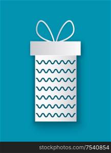 Christmas paper cut gift box with waves isolated on blue. Cardboard package, silhouette of pack with present or surprise, vector illustration isolated icon. Christmas Paper Cut Gift Box with Waves Isolated
