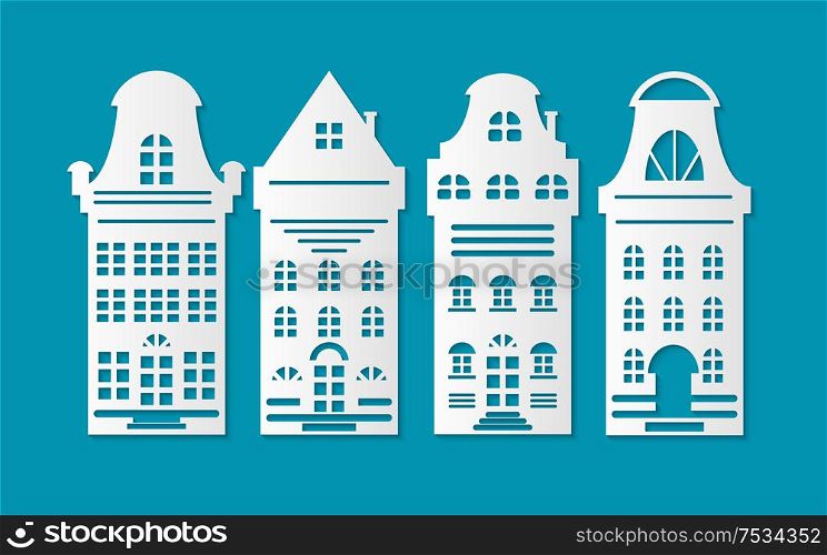 Christmas paper cut white holiday buildings. Window and door, floor and step, roof and chimney. Handmade decoration. Blue backstage vector illustration. Christmas Paper Cut White Holiday Buildings Vector