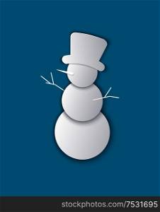 Christmas paper cut white snowman. Three circles with hat and hands from branches with nose on blue background. Handmade excision vector illustration. Christmas Paper Cut Snowman Vector Illustration