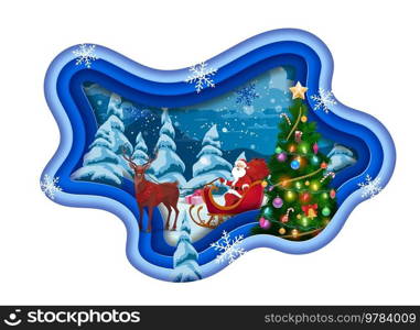 Christmas paper cut winter forest, holiday pine tree and santa on sleigh. Vector 3d papercut layered effect greeting card with funny Father Noel riding sled in night wood with snow, spruces and gifts. Christmas paper cut winter forest, holiday tree