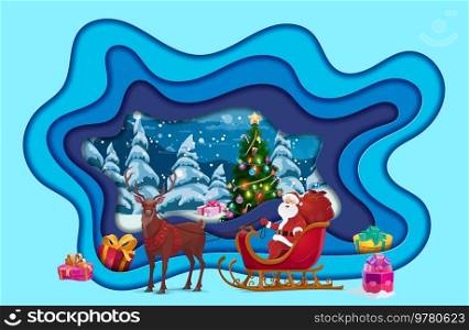Christmas paper cut with Santa in sleigh, holiday tree and Xmas gifts. Vector winter holiday snowy forest landscape in layered papercut frame with cartoon Santa Claus and Christmas present boxes. Christmas paper cut of Santa in sleigh, Xmas tree