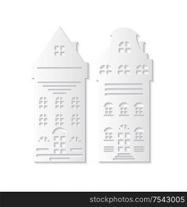 Christmas paper cut with two white holiday living residential. Exits and floors, roofs with windows and chimney. Simple handmade decoration vector. Christmas Paper Cut Two White Buildings Vector