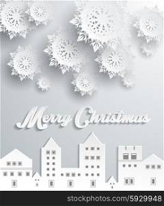 Christmas paper frame with silhouette of town. Snowflakes background for winter and New Year, christmas theme. 3D paper snowflakes in city. Silver snowflake with merry christmas text in town